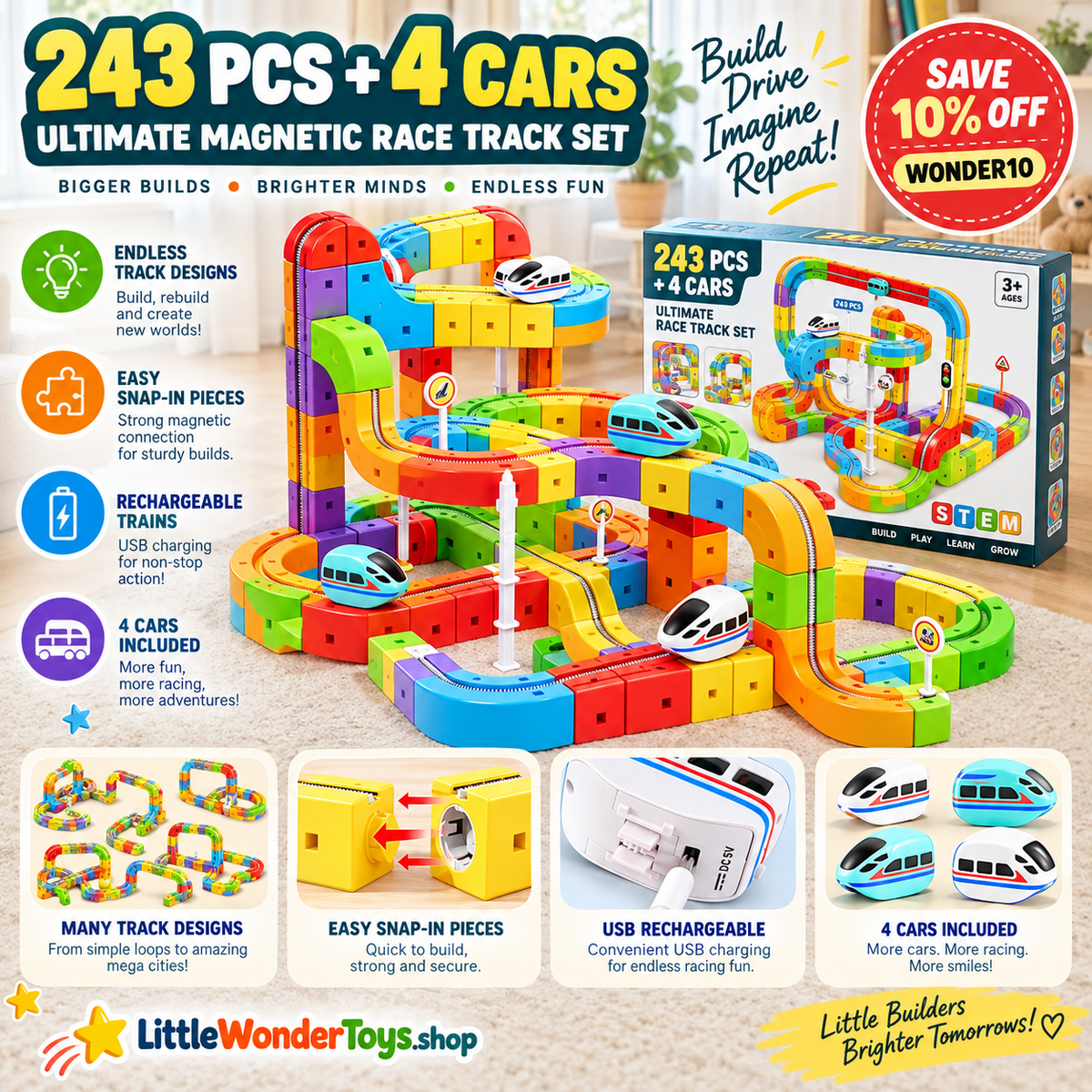 WonderTrack™ Magnetic Adventure Set 243 pcs + 4 Cars (Ultimate Set)